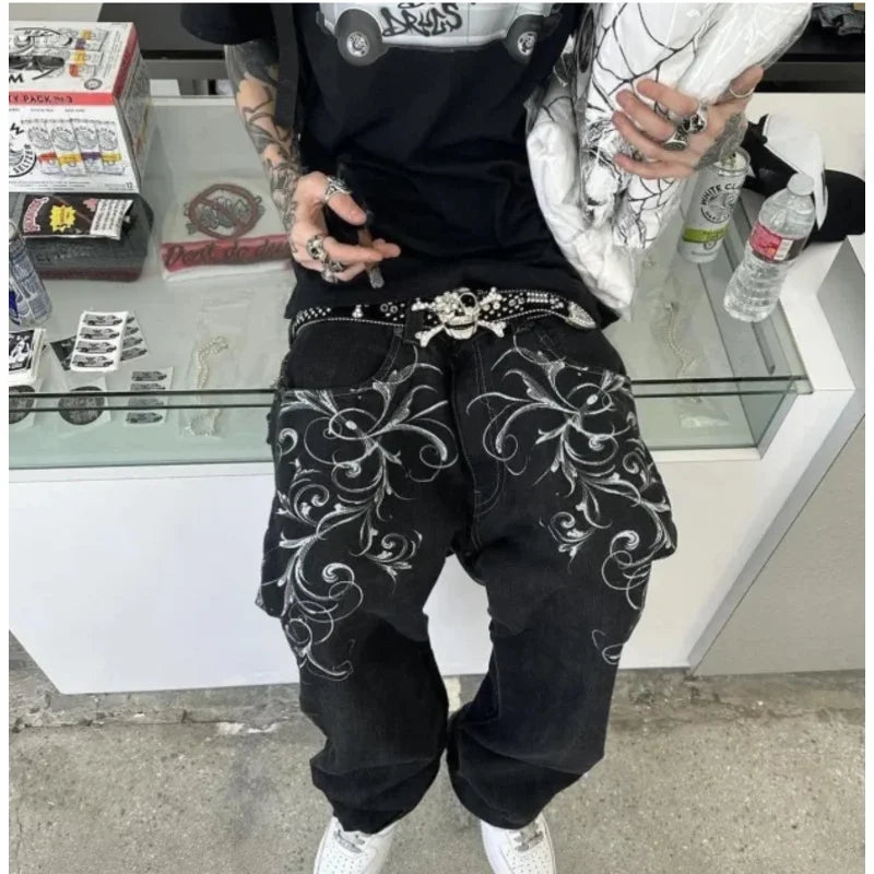 2025 New Jeans embroidered hip-hop wide-leg floor-moving Y2K mid-waist gothic individual men's pants American retro fashion★★★★