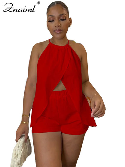Znaiml Elegant Slit Hollow White Two 2 Pieces Set for Women Halter Bandage Sleeveless Top and Shorts Outfits 2pcs Beach Clubwear