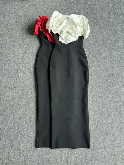 2024 High Quality Summer Women's New Black Sexy One Shoulder Dress with High Quality 3D Flower Decoration Slim Fit Bandage Dress