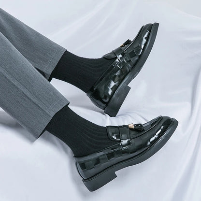 Fashion Business Chequer Loafers Men's Slip-On Brown Office Moccasins Male Dress Shoes Career Black Leather Shoes Plus Size38-47
