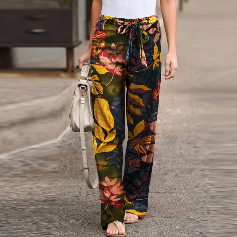 Women Casual Long Pants Print Lace Up Elastic Waist Pant Straight Spliced Pockets Lady Streetwear Elegant Lady Summer 2025