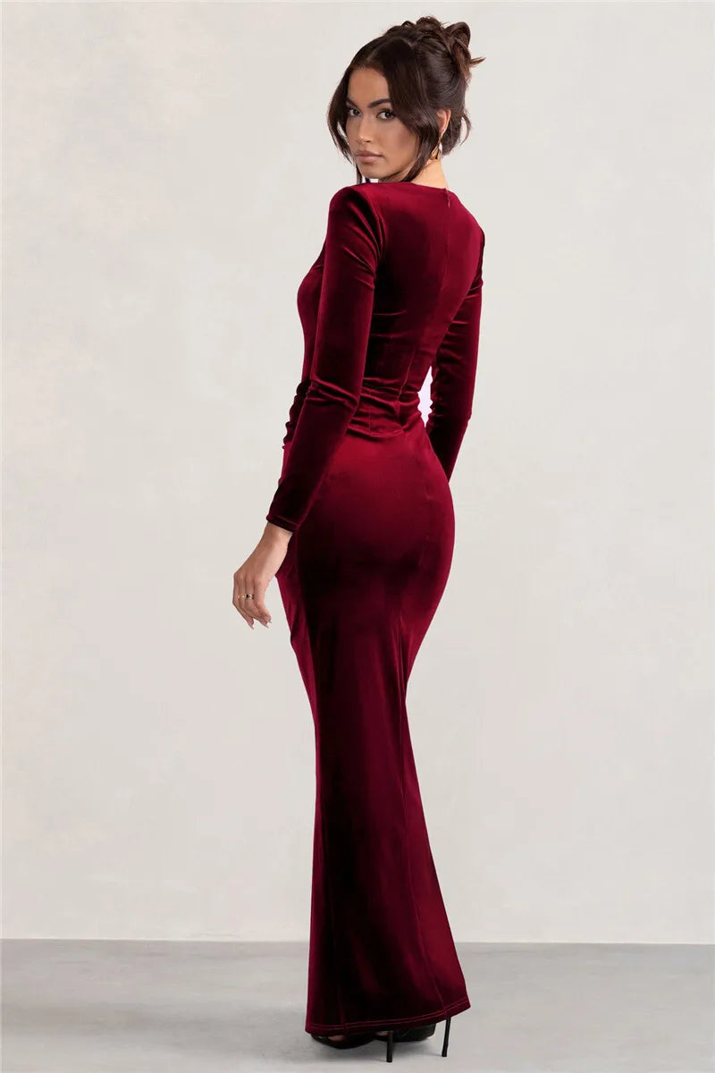 Mozision Square Collar Long Sleeve Sexy Maxi Dress For Women Velvet Fashion Ruched Split Bodycon Club Party Elegant Long Dress