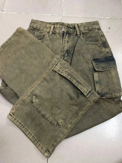 High Waist Tie Dye Denim Pants Women's Workwear Style Loose Fit Multi Pocket Trendy Street Fashion Long Trousers