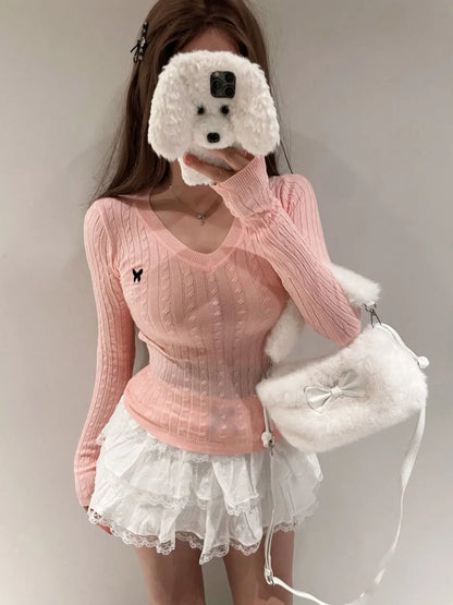 Casual V Neck White Pullovers Women Sweaters Autumn Winter Basic Long Sleeve Y2k Clothes Korean Pink Grey Ladies Tops Jumpers