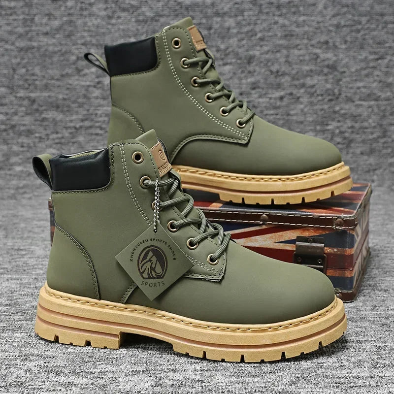 High Top Boots Men's Leather Shoes Fashion Outdoor Ankle Boots for Men Lace-Up Comfortable Male Boots Non Slip Flat Boot Botas