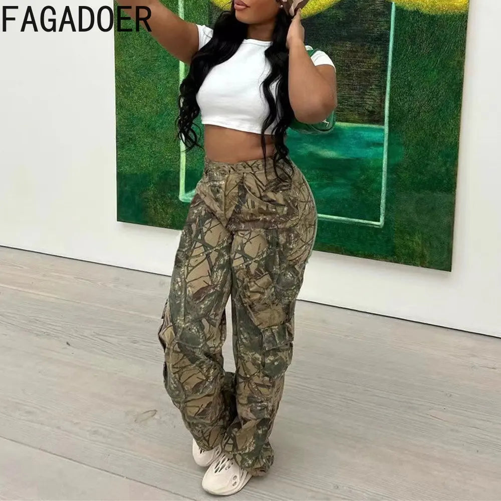 FAGADOER Casual Camouflage Cargo Pants Fashion Y2K Street Wide Leg Pants Women High Waisted Button Pocket Trousers Bottoms 2023