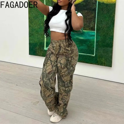 FAGADOER Casual Camouflage Cargo Pants Fashion Y2K Street Wide Leg Pants Women High Waisted Button Pocket Trousers Bottoms 2023