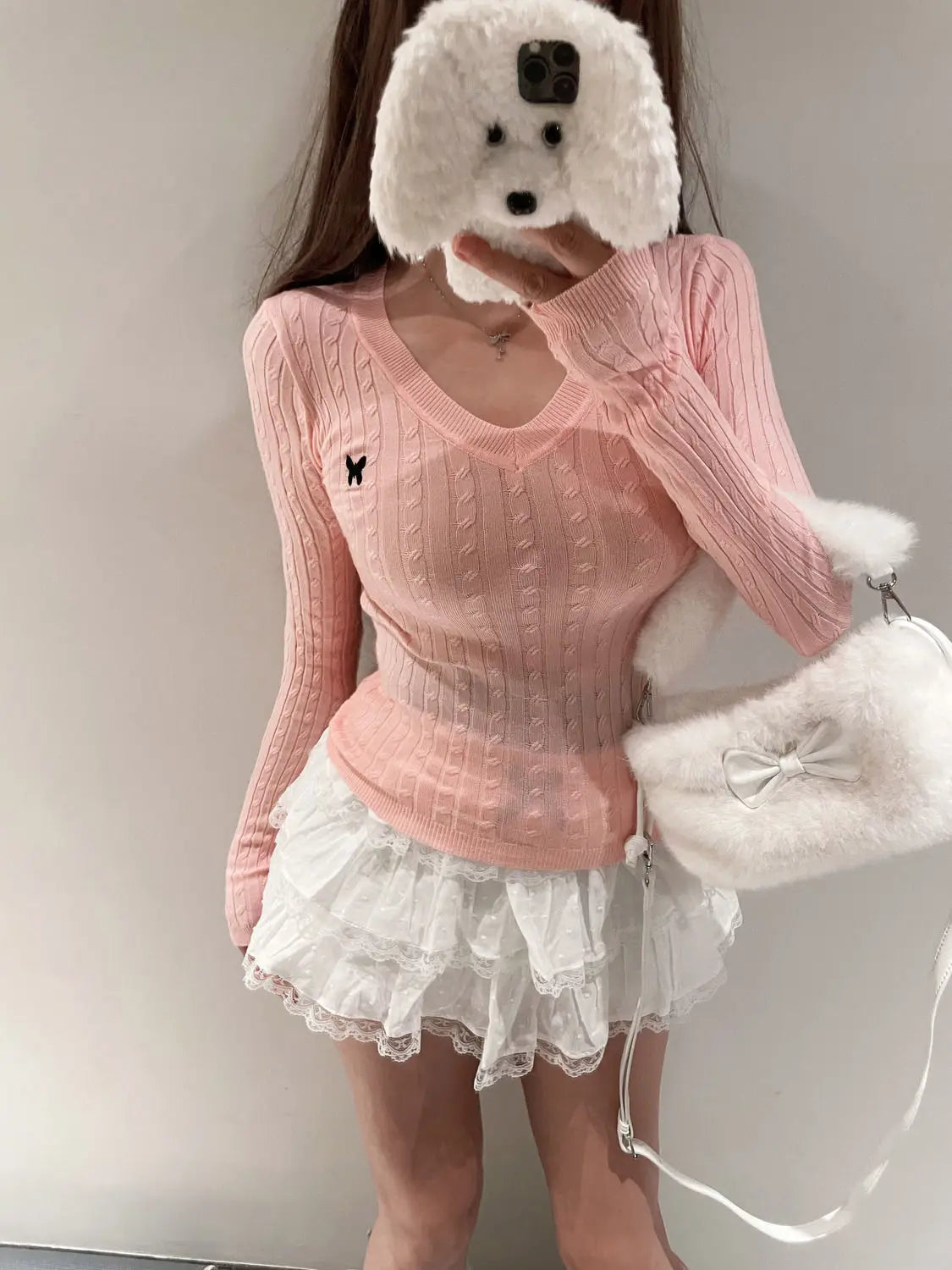 Casual V Neck White Pullovers Women Sweaters Autumn Winter Basic Long Sleeve Y2k Clothes Korean Pink Grey Ladies Tops Jumpers