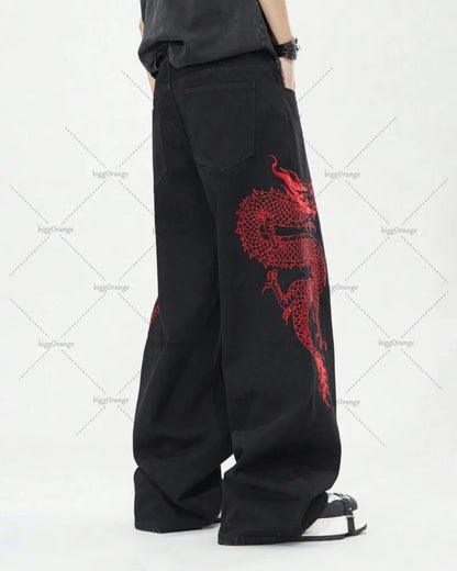 American New Retro Oriental Dragon Design Fashionable Loose Jeans Men Street Hip-hop Casual Straight Wide-leg Pants Women