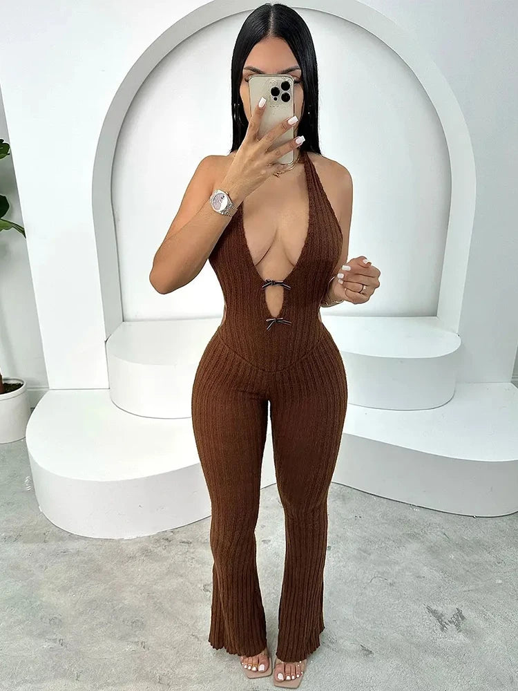 Weird Puss Backless Jumpsuit Women Low-Neck Sleeveless Skinny Stretch Halter Fitness Knit Clubwear Sexy Summer Trend Soft Outfit