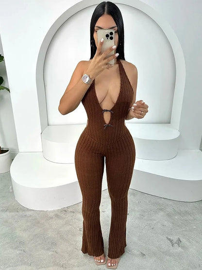 Weird Puss Backless Jumpsuit Women Low-Neck Sleeveless Skinny Stretch Halter Fitness Knit Clubwear Sexy Summer Trend Soft Outfit