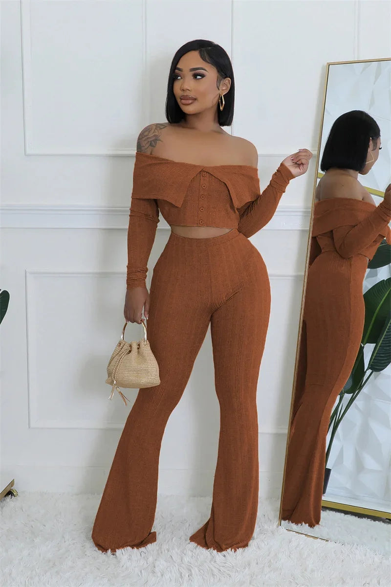 Sexy Knitted Two Piece Set for Women Birthday Outfits Off Shoulder Slash Neck Crop Top and Flare Pants Set Conjuntos Femininos