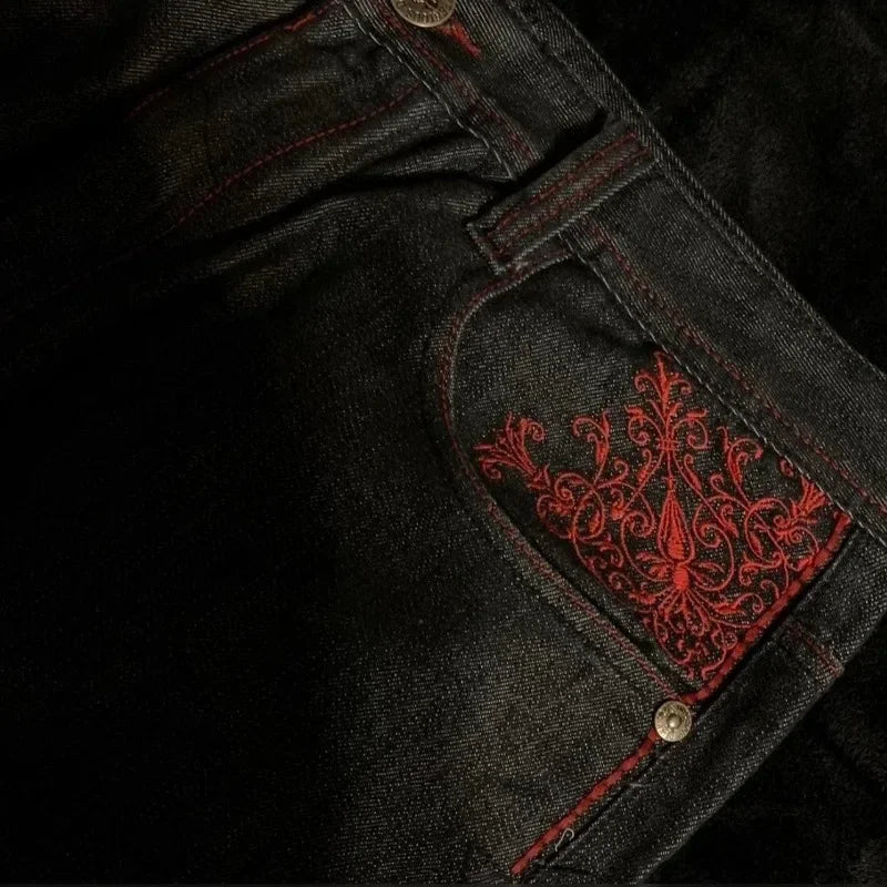 High Street Gothic Embroidered Men Black Red Pattern Y2K High Waist Jeans American Retro Street Couple Casual Pants