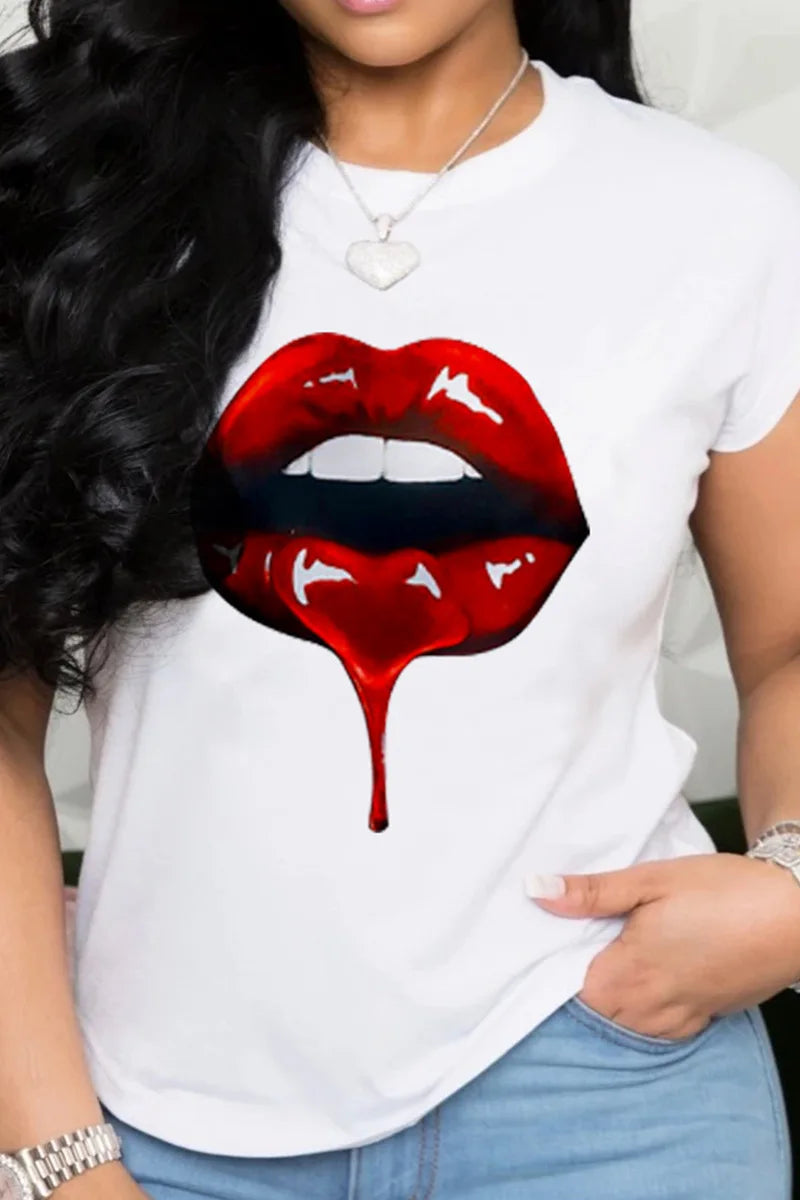 Women T Shirt Letter Lips Cartoon Print Fashion Funy Clothes Tees Lady