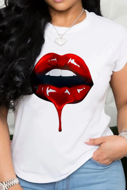 Women T Shirt Letter Lips Cartoon Print Fashion Funy Clothes Tees Lady