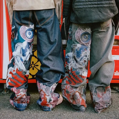 Streetwear Y2K Jeans Mens Womens Casual Hip Hop Punk Baggy Jeans Retro Oversized Graphic Embroidery High Waisted Wide Leg Jeans