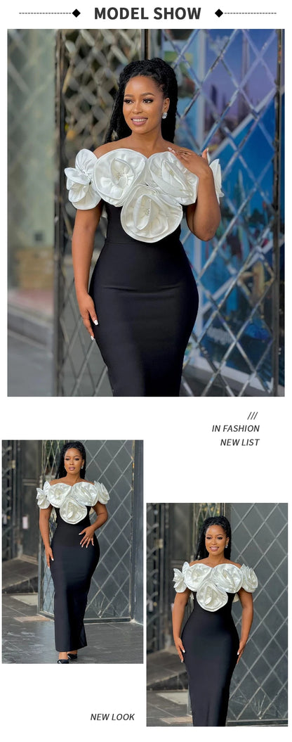 PB 2024 Elegant  3D Flowers Diamond Bra Bandage Maxi Dress Off Shoulder One Line Neck Sleeveless Women Celebrity Club Dress