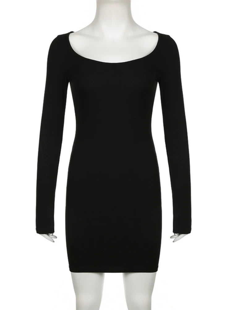 Autumn Winter Sexy Square Neck Low-cut Slim Bodycon Mini Dress Women Long Sleeved Skinny Dress Elegant Club Party Vestidos