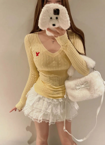 Casual V Neck White Pullovers Women Sweaters Autumn Winter Basic Long Sleeve Y2k Clothes Korean Pink Grey Ladies Tops Jumpers