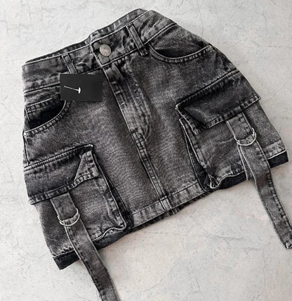 Harajuku Multiple Pockets Denim Plaid Skirt Vintage Goth Black Y2k Mini Skir Fashion Womens Casual Versatile Sexy Streetwear