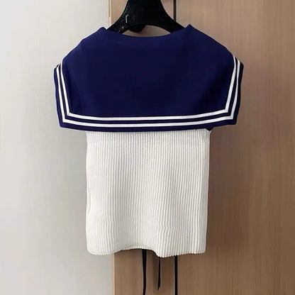Summer Letter Embroidered Knitting Tank Top Women Clothes Preppy Style Lacing Patchwork Sailor Collar Sleeveless Pullovers Tops