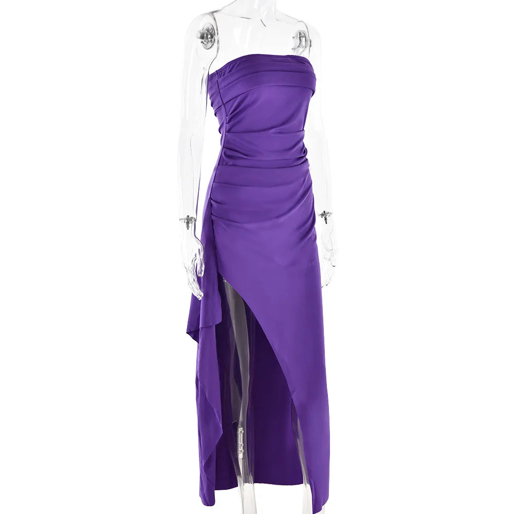 Cryptographic Off Shoulder Elegant High Rise Split Maxi Dress Club Outfits for Women Sexy Strapless Evening Dresses Ruched Gown