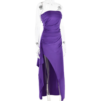 Cryptographic Off Shoulder Elegant High Rise Split Maxi Dress Club Outfits for Women Sexy Strapless Evening Dresses Ruched Gown