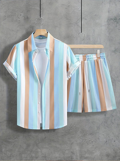 Coconut Tree Print Men's Shirt Gradient Short Sleeve And Beach Shorts Sets Summer Casual Loose Shirts Hawaiian Style Man Outfit
