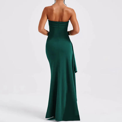 Cryptographic Off Shoulder Elegant High Rise Split Maxi Dress Club Outfits for Women Sexy Strapless Evening Dresses Ruched Gown