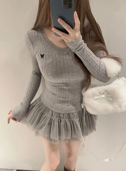 Casual V Neck White Pullovers Women Sweaters Autumn Winter Basic Long Sleeve Y2k Clothes Korean Pink Grey Ladies Tops Jumpers