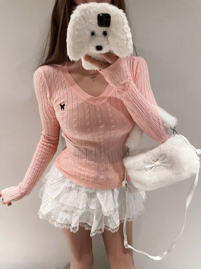 Casual V Neck White Pullovers Women Sweaters Autumn Winter Basic Long Sleeve Y2k Clothes Korean Pink Grey Ladies Tops Jumpers