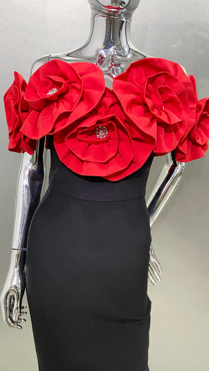 3 Colors Stereoscopic Flowers Sexy Off The Shoulder Ankle Lenght Bandage Dress Woman Birthday Party Vestido Wedding Party Outfit