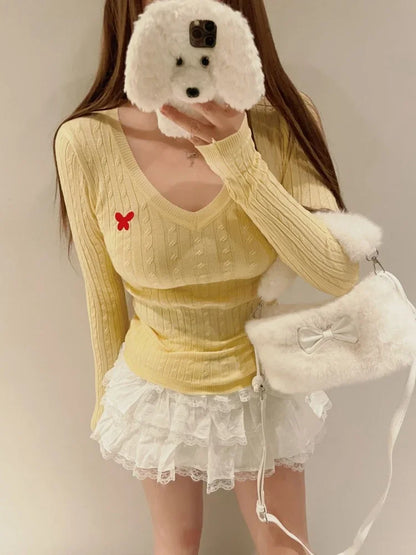 Casual V Neck White Pullovers Women Sweaters Autumn Winter Basic Long Sleeve Y2k Clothes Korean Pink Grey Ladies Tops Jumpers