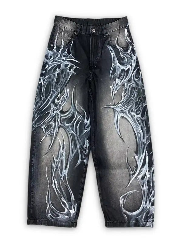 Vintage Mens Baggy Black Jeans Summer Gothic Cross Graffiti Straight Denim Pants High Street Women Casual Wide Leg Trousers