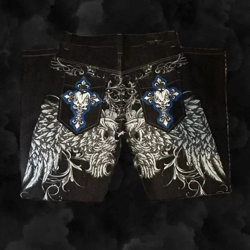 2025 New Jeans embroidered hip-hop wide-leg floor-moving Y2K mid-waist gothic individual men's pants American retro fashion★★★★