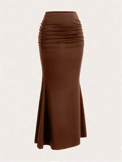 Solid Bodycon Ruched Long Skirt Women Sexy Black Elastic Elegant High Waist Mermaid Maxi Skirts Summer Streetwear