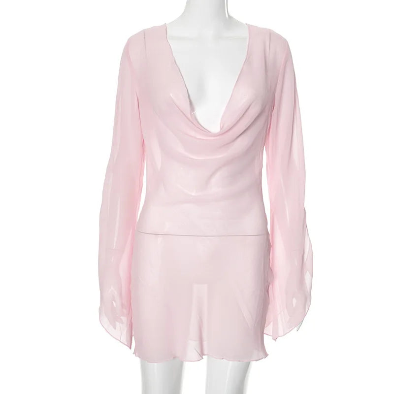Sexy Deep V-Neck Nightgown Trendy Pink Backless Flare sleeve Sheer Mini Dress Women's Sensual Clothing Sleepwear Loungewear Pjs