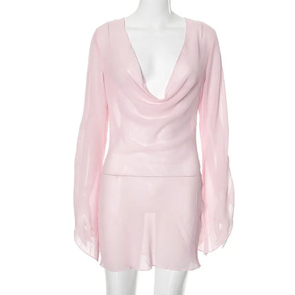 Sexy Deep V-Neck Nightgown Trendy Pink Backless Flare sleeve Sheer Mini Dress Women's Sensual Clothing Sleepwear Loungewear Pjs