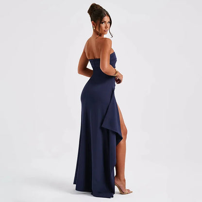 Cryptographic Off Shoulder Elegant High Rise Split Maxi Dress Club Outfits for Women Sexy Strapless Evening Dresses Ruched Gown