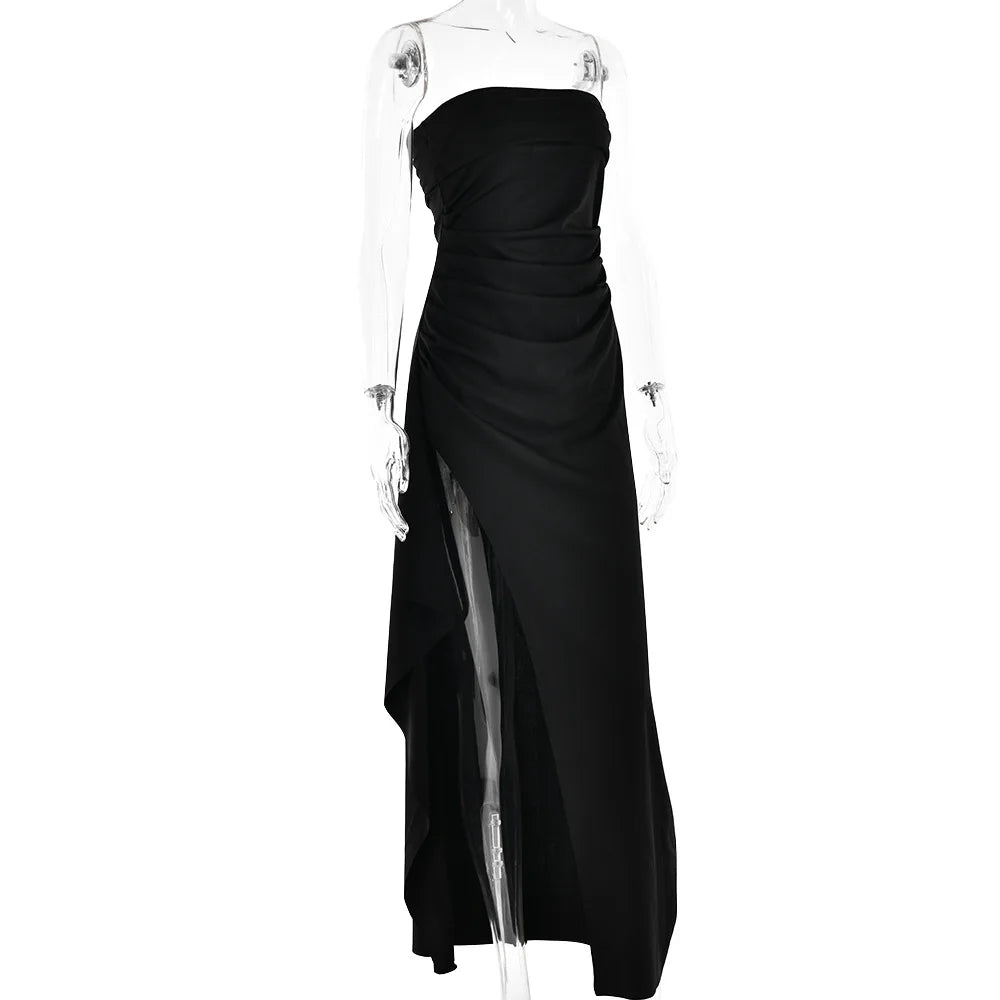 Cryptographic Off Shoulder Elegant High Rise Split Maxi Dress Club Outfits for Women Sexy Strapless Evening Dresses Ruched Gown