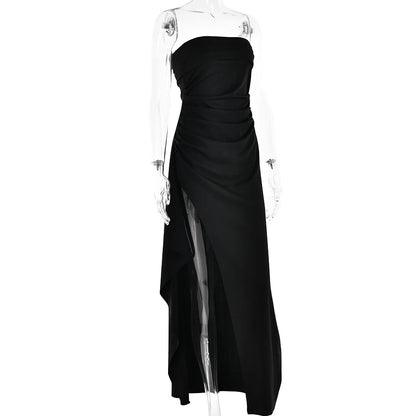 Cryptographic Off Shoulder Elegant High Rise Split Maxi Dress Club Outfits for Women Sexy Strapless Evening Dresses Ruched Gown