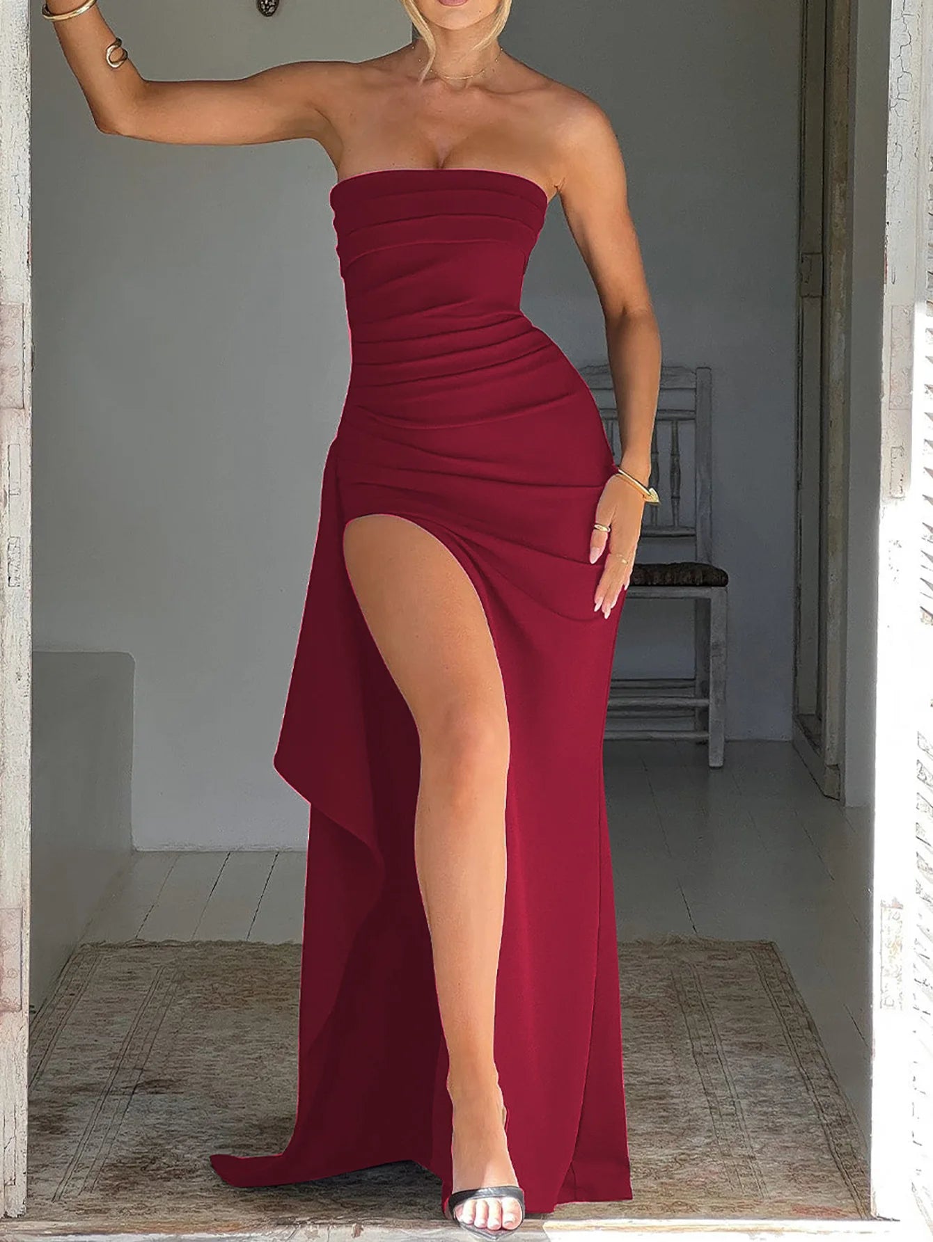 Cryptographic Off Shoulder Elegant High Rise Split Maxi Dress Club Outfits for Women Sexy Strapless Evening Dresses Ruched Gown