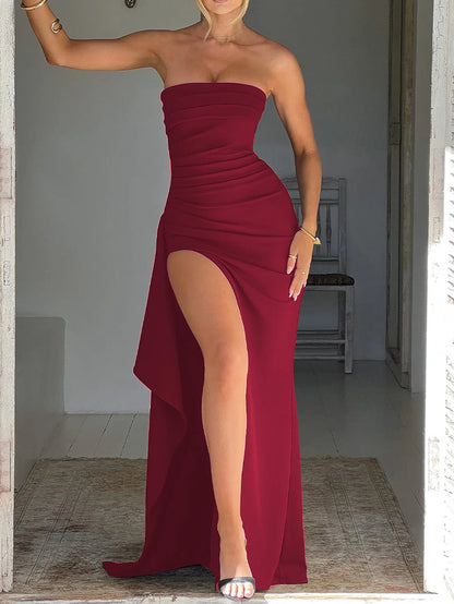 Cryptographic Off Shoulder Elegant High Rise Split Maxi Dress Club Outfits for Women Sexy Strapless Evening Dresses Ruched Gown
