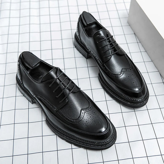 Men's leather shoes, Italian brand, versatile for business, formal wear, casual, high-quality brown, classic block shoes.