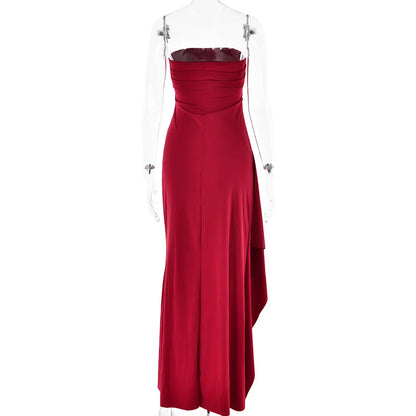 Cryptographic Off Shoulder Elegant High Rise Split Maxi Dress Club Outfits for Women Sexy Strapless Evening Dresses Ruched Gown