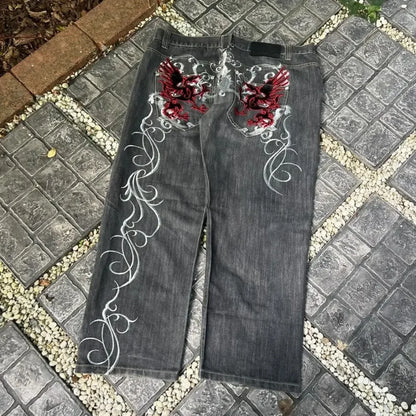 Streetwear Y2K Gothic Denim Trousers Harajuku Punk Dinosaur Embroidery Washed Jeans Hip Hop Wide Leg Oversized Jeans Mens Womens