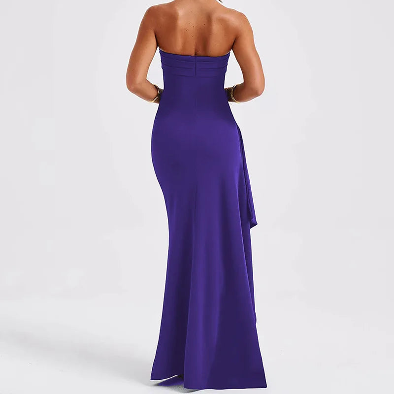 Cryptographic Off Shoulder Elegant High Rise Split Maxi Dress Club Outfits for Women Sexy Strapless Evening Dresses Ruched Gown