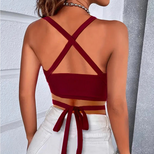 Summer Crop Tops Womens Sleeveless Sexy Bandage T Shirt Top Fashion Red Lace Up Backless Tank Top Tumblr Ladies Vest Y2K Clothes