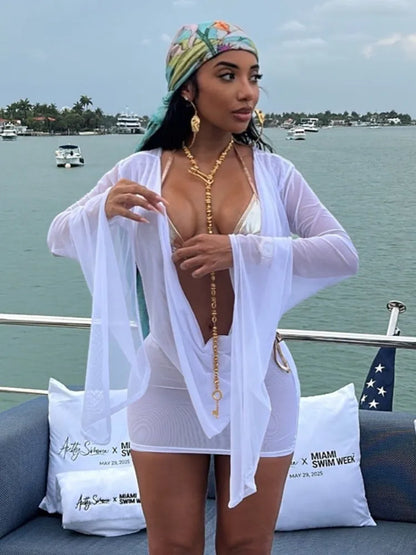 Joskaa Women's 2025 Summer Sheer Mesh Mini Dress Sexy Swing Collar Full Sleeve Irregular Backless Vestidos Vacation Beachwear