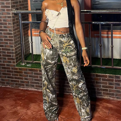 FAGADOER Fashion Camouflage Print Straight Pants Women High Waisted Button Pocket Loose Trousers Casual Female Sporty Bottoms